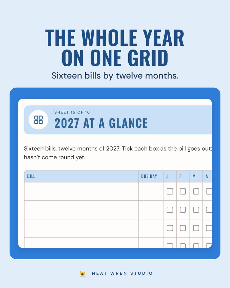 The 2027 at a glance bill grid with a tick box for each bill in every month, under the headline The whole year on one grid, and the line Sixteen bills by twelve months.