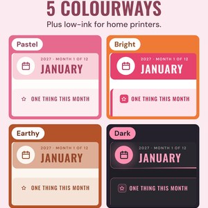 The January 2027 month page in four colourways, Pastel, Bright, Earthy and Dark, under the headline 5 colourways, plus low-ink for home printers.