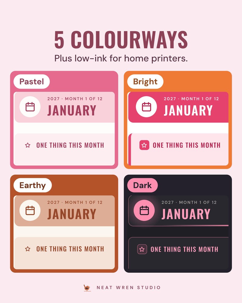 The January 2027 month page in four colourways, Pastel, Bright, Earthy and Dark, under the headline 5 colourways, plus low-ink for home printers.