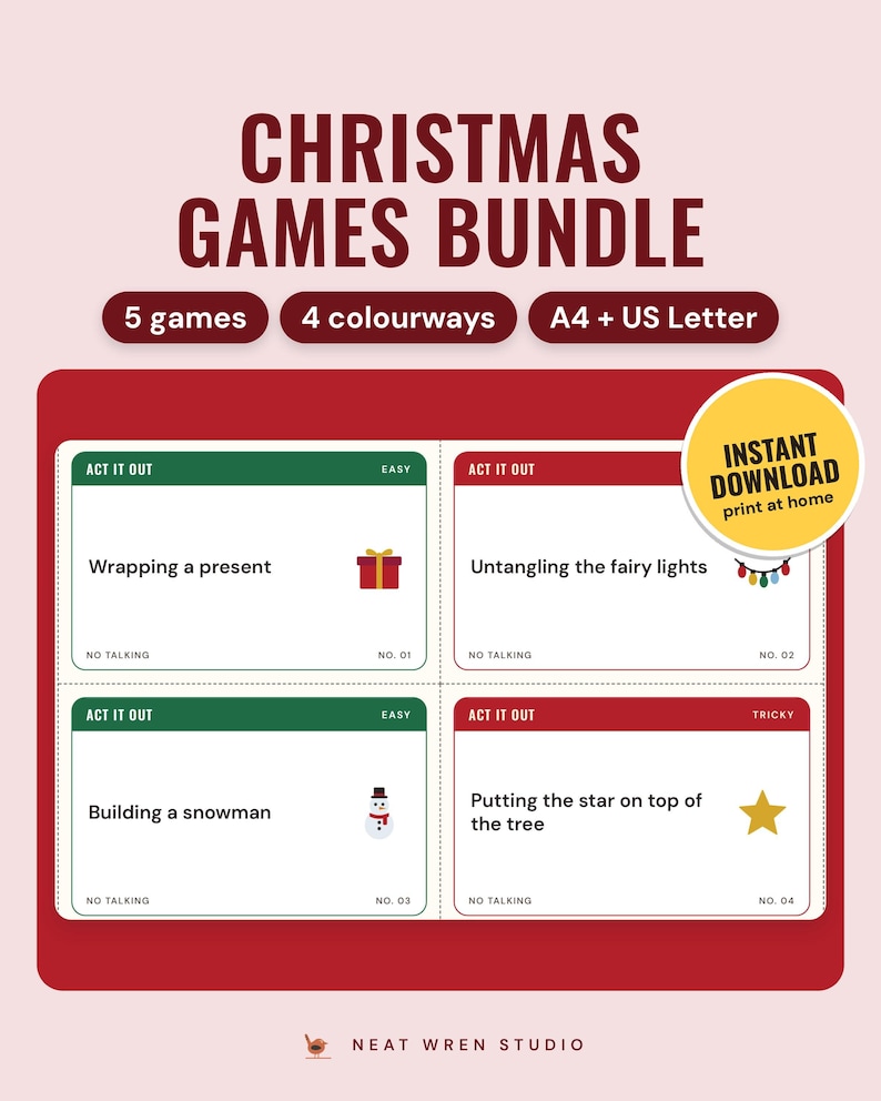 Christmas Games Bundle UK: main listing photo showing the product with an 'Instant download' badge. Digital product from Neat Wren Studio.