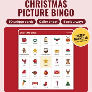 Christmas Bingo Printable: main listing photo showing the product with an 'Instant download' badge. Digital product from Neat Wren Studio.