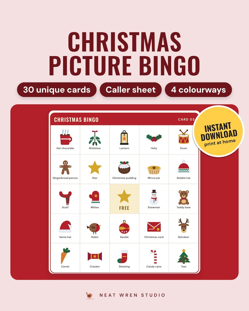 Christmas Bingo Printable: main listing photo showing the product with an 'Instant download' badge. Digital product from Neat Wren Studio.