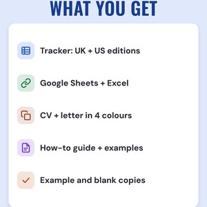 What you get: tracker in UK and US editions, Google Sheets and Excel, CV and letter in 4 colours, guide, example and blank copies