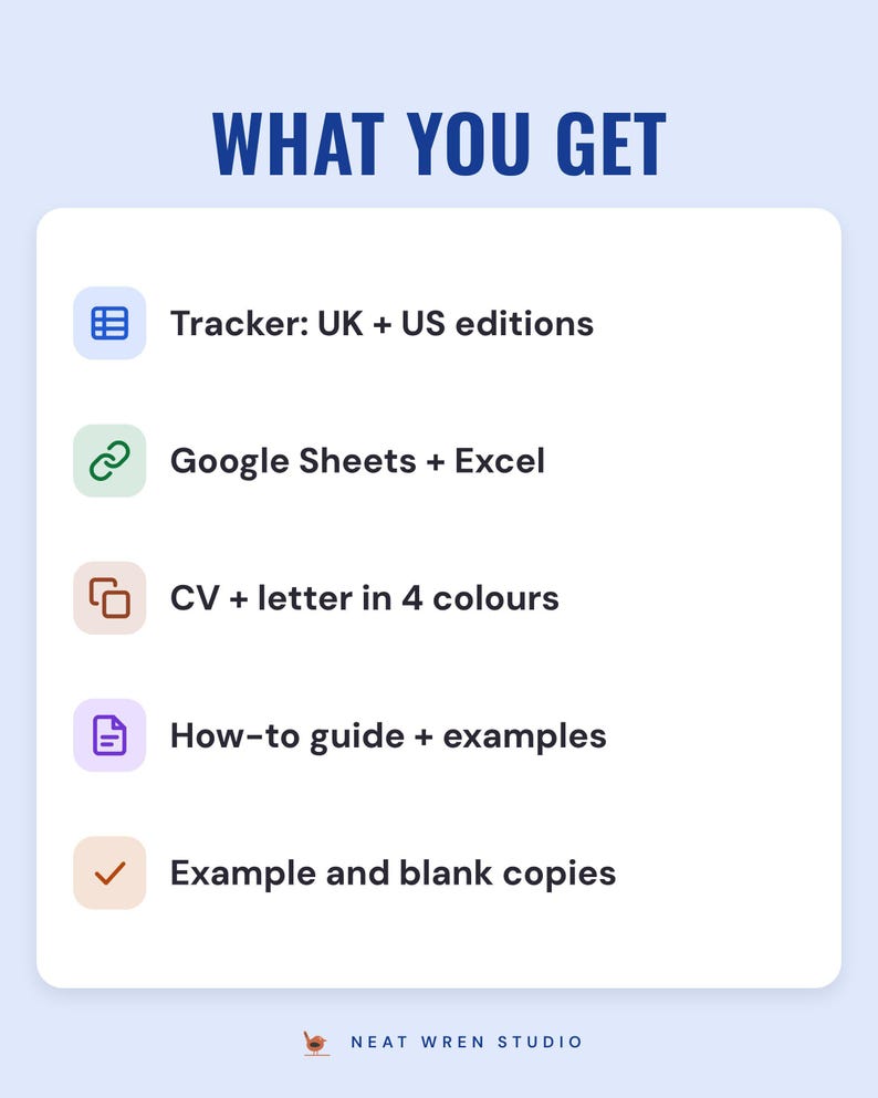 What you get: tracker in UK and US editions, Google Sheets and Excel, CV and letter in 4 colours, guide, example and blank copies