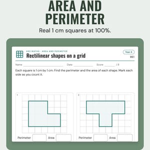Area and perimeter worksheet with rectilinear shapes drawn on a 1 cm square grid.