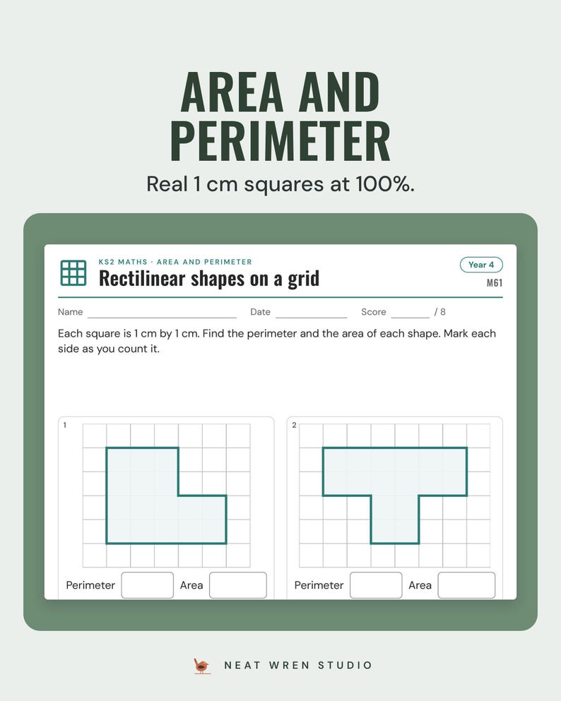Area and perimeter worksheet with rectilinear shapes drawn on a 1 cm square grid.