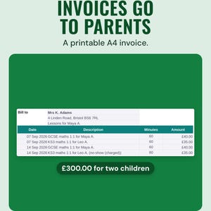 Printable A4 invoice billed to a parent with each lesson listed