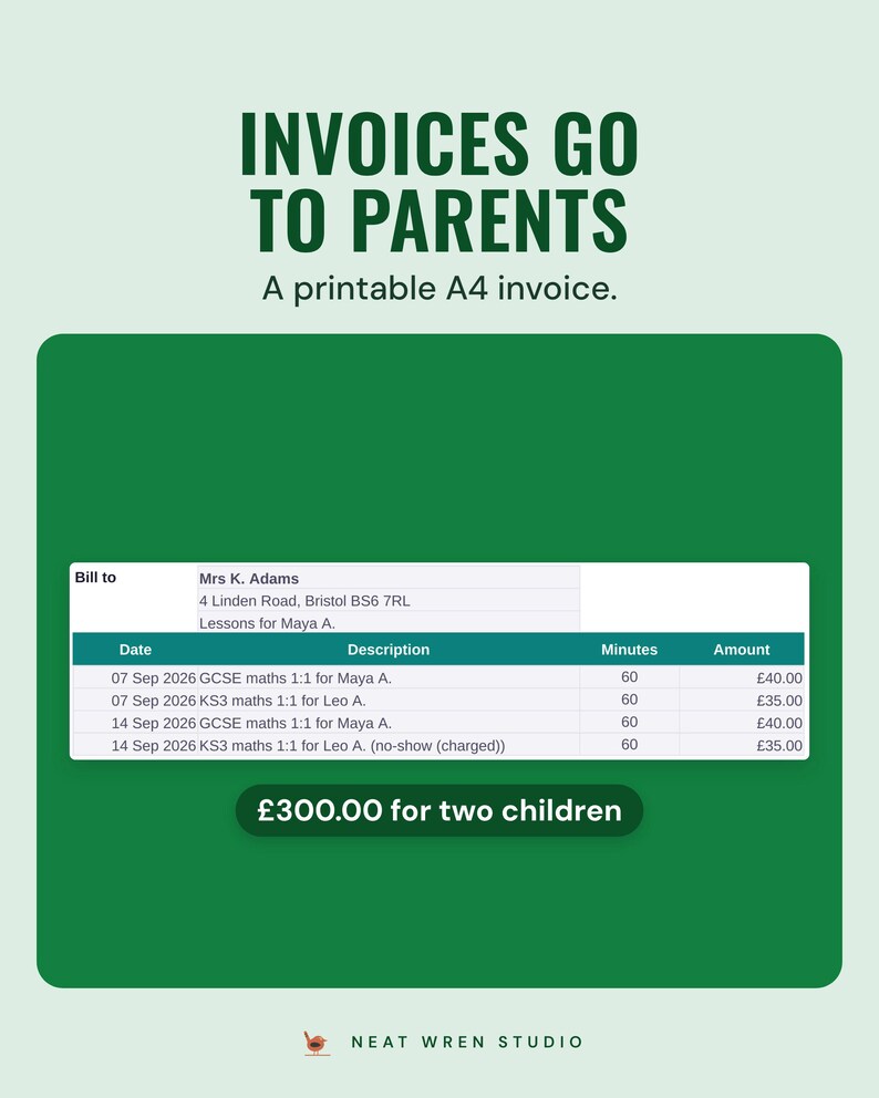 Printable A4 invoice billed to a parent with each lesson listed
