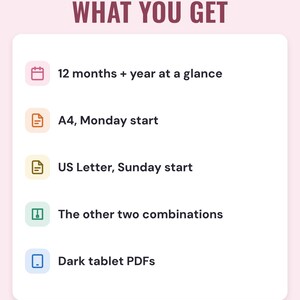 A white card under the headline What you get: 12 months and a year at a glance, A4 with Monday start, US Letter with Sunday start, the other two combinations, and dark tablet PDFs.