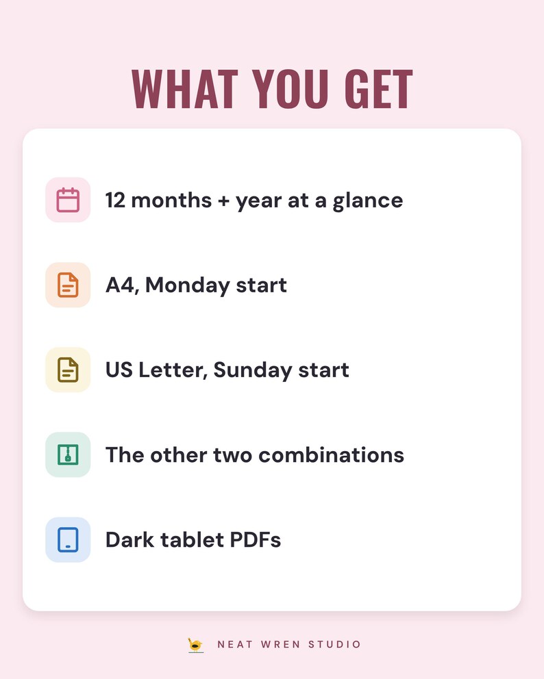 A white card under the headline What you get: 12 months and a year at a glance, A4 with Monday start, US Letter with Sunday start, the other two combinations, and dark tablet PDFs.