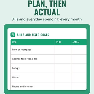 The bills and fixed costs table with plan and actual columns for rent, council tax, energy, water and phone, under the headline Plan, then actual.