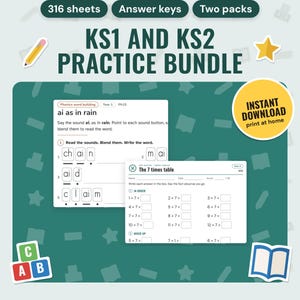 KS1 and KS2 Worksheets Bundle, Year 1 to 6 Maths and English Printables | Phonics, Handwriting, Times Tables, Grammar | Answer Keys, A4