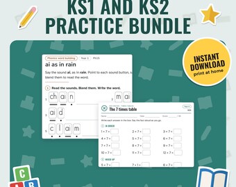 KS1 and KS2 Worksheets Bundle, Year 1 to 6 Maths and English Printables | Phonics, Handwriting, Times Tables, Grammar | Answer Keys, A4