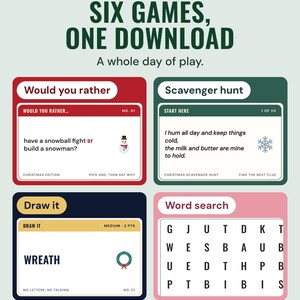 Four game pages, would you rather, scavenger hunt, draw it cards and word search, under the headline Six games, one download, and the line A whole day of play.