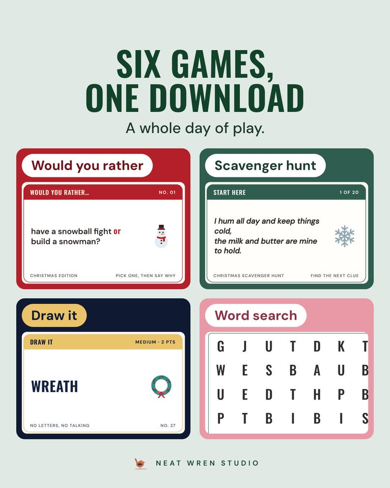 Four game pages, would you rather, scavenger hunt, draw it cards and word search, under the headline Six games, one download, and the line A whole day of play.