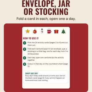 The countdown how to use it page with four steps and a swap any day tip, under the headline Envelope, jar or stocking, and the line Fold a card in each, open one a day.