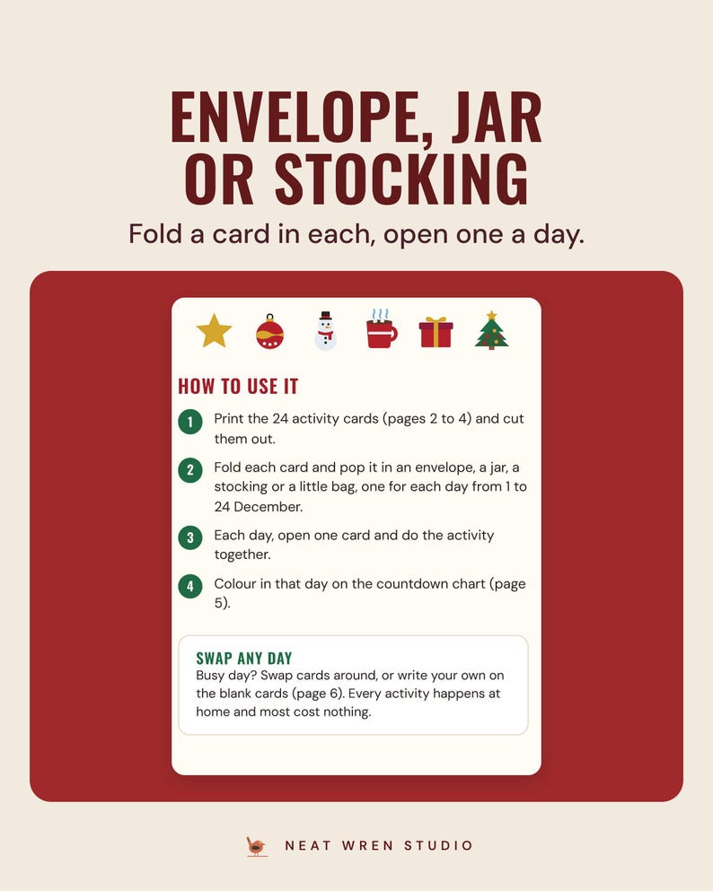 The countdown how to use it page with four steps and a swap any day tip, under the headline Envelope, jar or stocking, and the line Fold a card in each, open one a day.