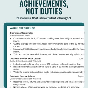 The work experience section of the example CV with achievement bullet points and numbers, under the headline Achievements, not duties.