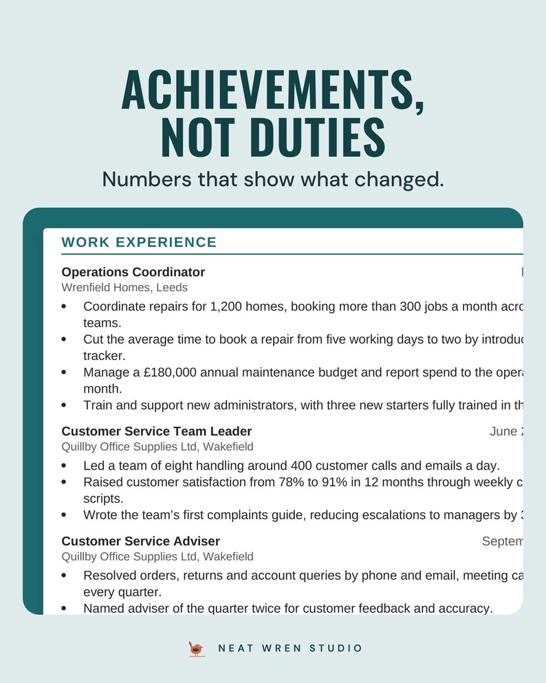 The work experience section of the example CV with achievement bullet points and numbers, under the headline Achievements, not duties.