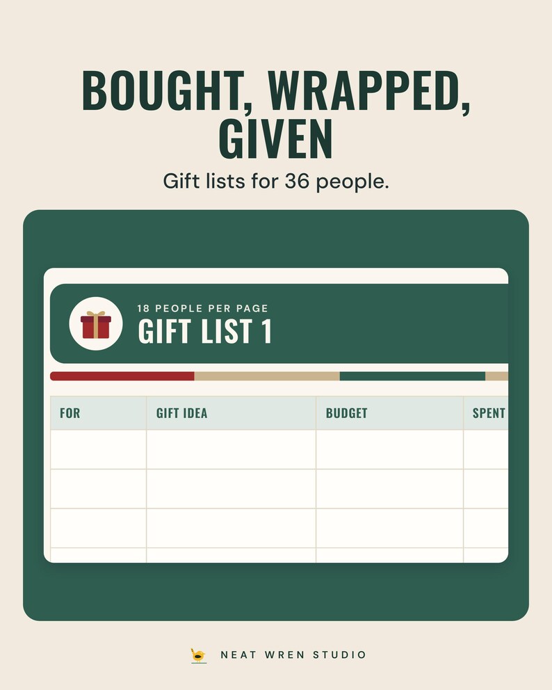 A Christmas gift list page with columns for who it is for, gift idea, budget and spent, under the headline Bought, wrapped, given.