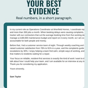 The middle paragraphs of the example cover letter with achievements and numbers, under the headline Your best evidence, and the line Real numbers, in a short paragraph.
