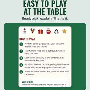 The would you rather how to play page with five steps and kind rules, under the headline Easy to play at the table, and the line Read, pick, explain. That is it.