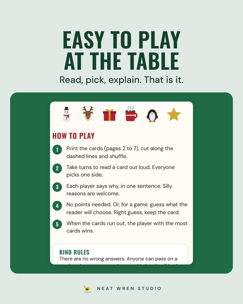 The would you rather how to play page with five steps and kind rules, under the headline Easy to play at the table, and the line Read, pick, explain. That is it.
