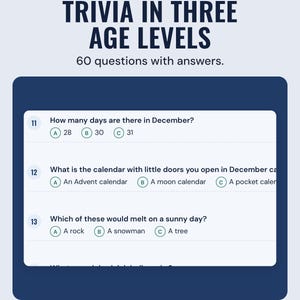 Kids trivia questions with A, B and C answer choices, under the headline Trivia in three age levels, and the line 60 questions with answers.