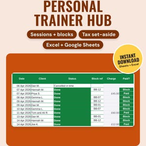 Personal trainer sessions log with clients, done status, block refs, charges and paid