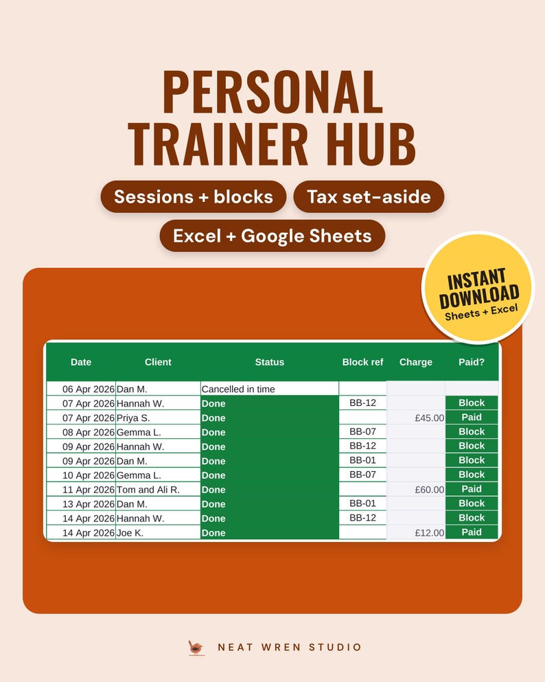 Personal trainer sessions log with clients, done status, block refs, charges and paid