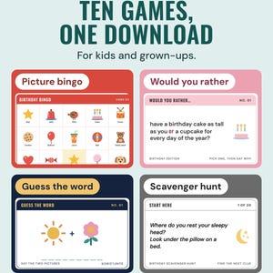 Four of the ten birthday games: picture bingo, would you rather, guess the word picture cards and a scavenger hunt clue card.