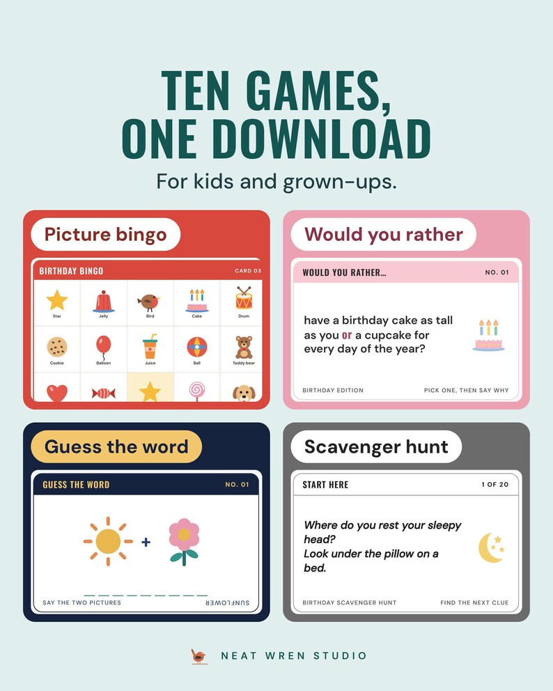 Four of the ten birthday games: picture bingo, would you rather, guess the word picture cards and a scavenger hunt clue card.