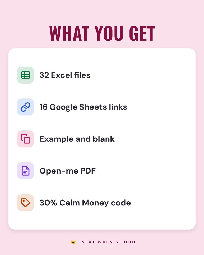 A white card under the headline What you get: 32 Excel files, 16 Google Sheets links, example and blank, an Open-me PDF and 30% Calm Money code.