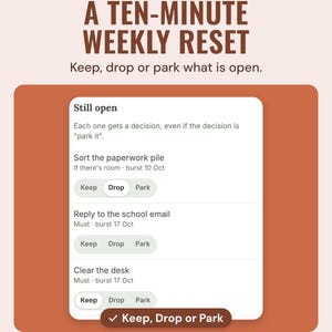 Weekly reset Still open list with a Keep, Drop or Park choice beside each item.