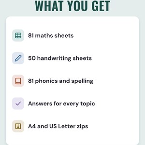 What you get: 81 maths sheets, 50 handwriting sheets, 81 phonics and spelling sheets, answers for every topic, A4 and US Letter zips.