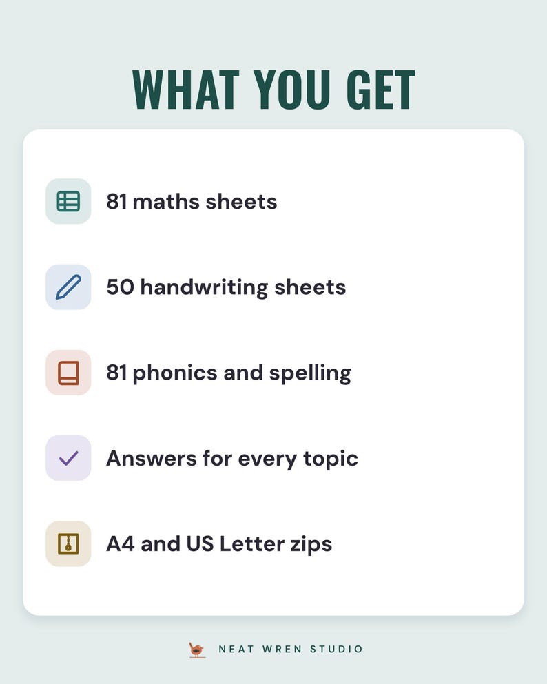 What you get: 81 maths sheets, 50 handwriting sheets, 81 phonics and spelling sheets, answers for every topic, A4 and US Letter zips.