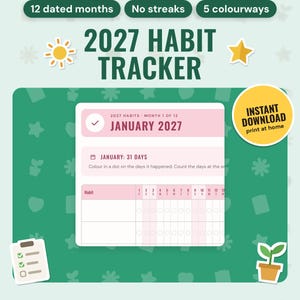 2027 Habit Tracker Printable: main listing photo showing the product with an 'Instant download' badge and flat sun, star, checklist and plant icons. Digital product from Neat Wren Studio.
