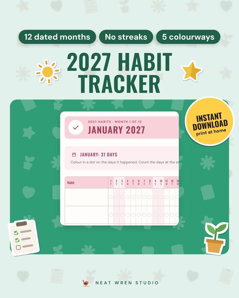 2027 Habit Tracker Printable: main listing photo showing the product with an 'Instant download' badge and flat sun, star, checklist and plant icons. Digital product from Neat Wren Studio.