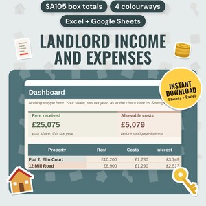 UK Landlord Spreadsheet 2026/27: main listing photo showing the product with an 'Instant download' badge and flat receipt, coins, house and key icons. Digital product from Neat Wren Studio.
