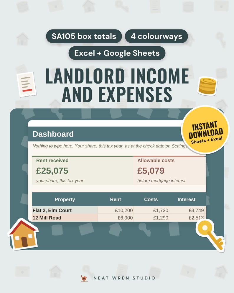 UK Landlord Spreadsheet 2026/27: main listing photo showing the product with an 'Instant download' badge and flat receipt, coins, house and key icons. Digital product from Neat Wren Studio.