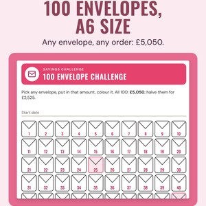 The A6 100 envelope challenge insert in the Bright colourway: numbered envelope shapes, 5,050 pounds in any order.