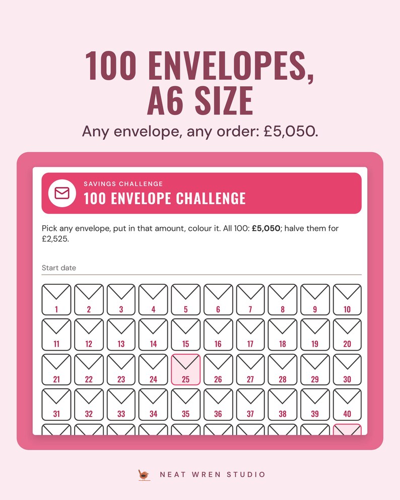 The A6 100 envelope challenge insert in the Bright colourway: numbered envelope shapes, 5,050 pounds in any order.