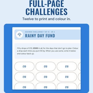 A full-page rainy day fund challenge: fifty drops of 10 pounds to colour in.