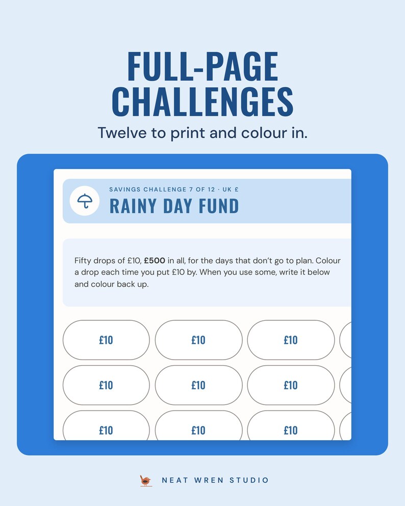 A full-page rainy day fund challenge: fifty drops of 10 pounds to colour in.