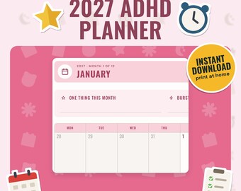 2027 ADHD Planner Printable and Tablet PDF | Dated Weekly and Monthly, Monday or Sunday Start, Hyperlinked Dark Mode
