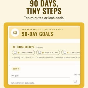 90-day goals page with quarter tick boxes from Q1, 1 Jan to 31 Mar, and the first goal with tiny next steps.