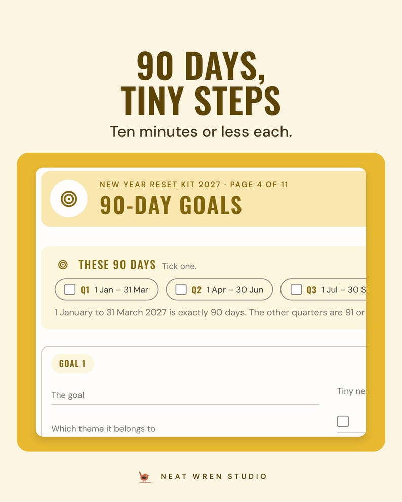 90-day goals page with quarter tick boxes from Q1, 1 Jan to 31 Mar, and the first goal with tiny next steps.
