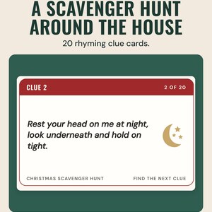 A scavenger hunt clue card, clue 2 of 20, with a rhyming clue about a pillow, under the headline A scavenger hunt around the house, and the line 20 rhyming clue cards.