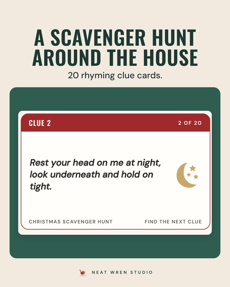 A scavenger hunt clue card, clue 2 of 20, with a rhyming clue about a pillow, under the headline A scavenger hunt around the house, and the line 20 rhyming clue cards.