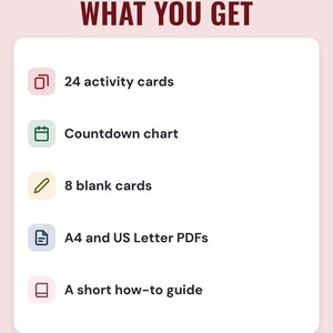 A white card under the headline What you get: 24 activity cards, a countdown chart, 8 blank cards, A4 and US Letter PDFs and a short how-to guide.